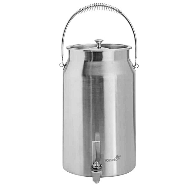 A stainless steel Rosseto milk urn with a handle.