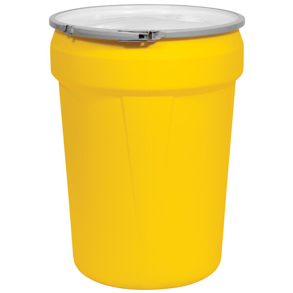 A yellow Eagle Manufacturing plastic barrel drum with metal bung holes.
