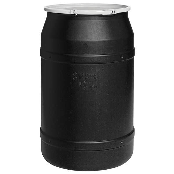 A black Eagle Manufacturing plastic barrel with black and white caps.