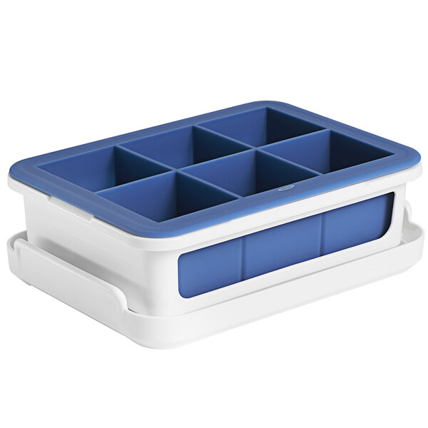 An OXO Good Grips blue and white silicone ice cube tray with a blue plastic cover.