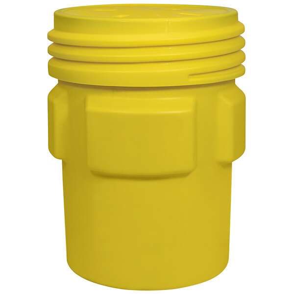 A yellow Eagle Manufacturing overpack plastic barrel drum with a screw-on lid.