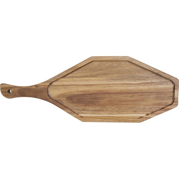 An International Tableware octagonal acacia wood serving board with a handle.