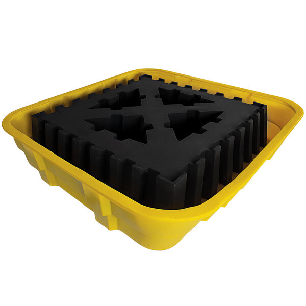A yellow polyethylene tray with black squares.