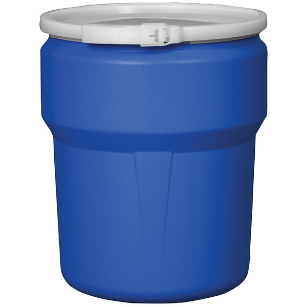 A blue plastic container with a white lid, the Eagle Manufacturing 10 gallon plastic drum.
