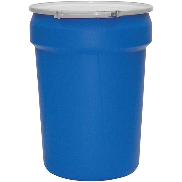 An Eagle Manufacturing blue plastic barrel drum with metal bung holes.
