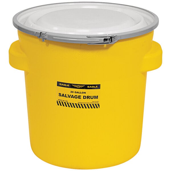A yellow Eagle Manufacturing salvage drum with metal lever-lock and side handles.