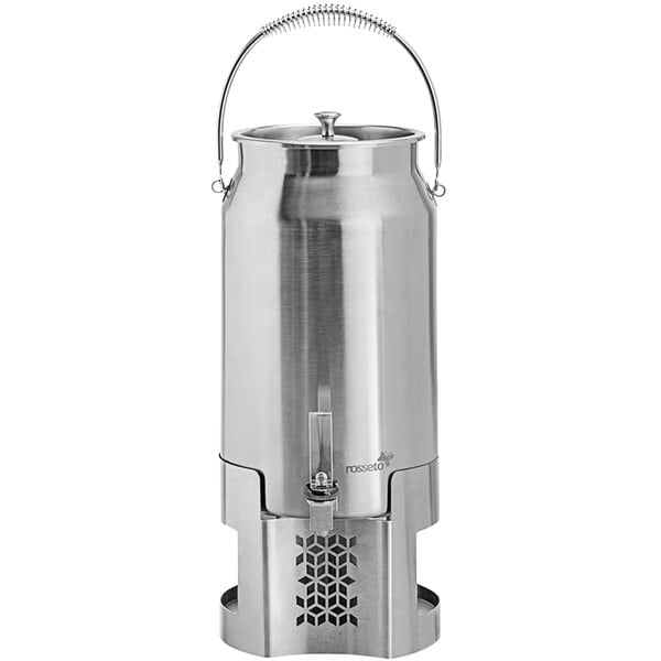 A Rosseto stainless steel milk urn with a mosaic brushed stainless steel base and a handle.