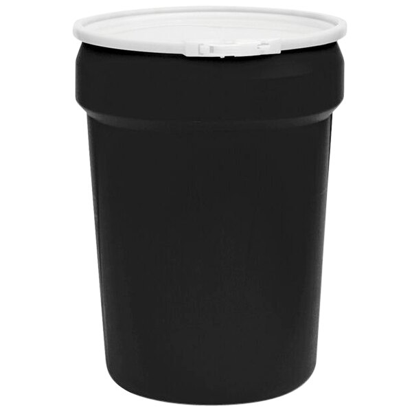 A black plastic Eagle Manufacturing drum with metal bung holes.