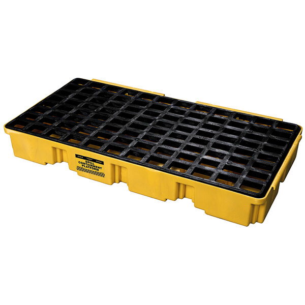 A yellow and black plastic spill pallet by Eagle Manufacturing.