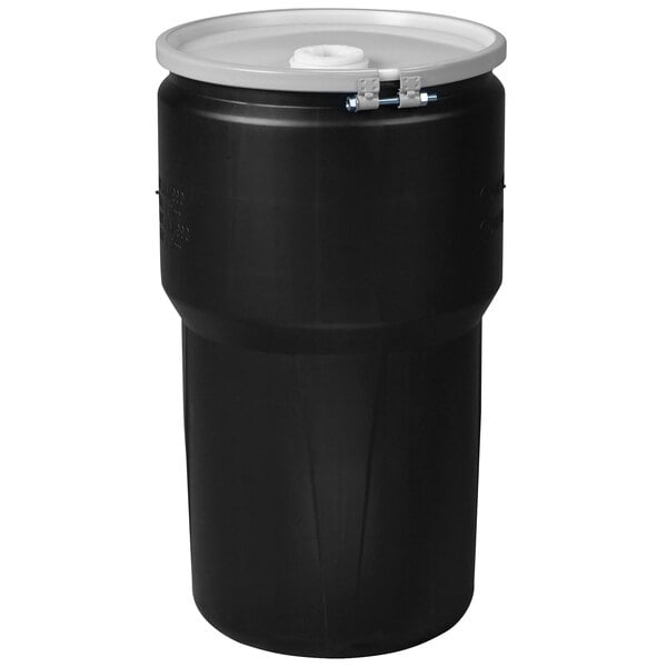 A black plastic Eagle Manufacturing drum with metal lever-lock lids.