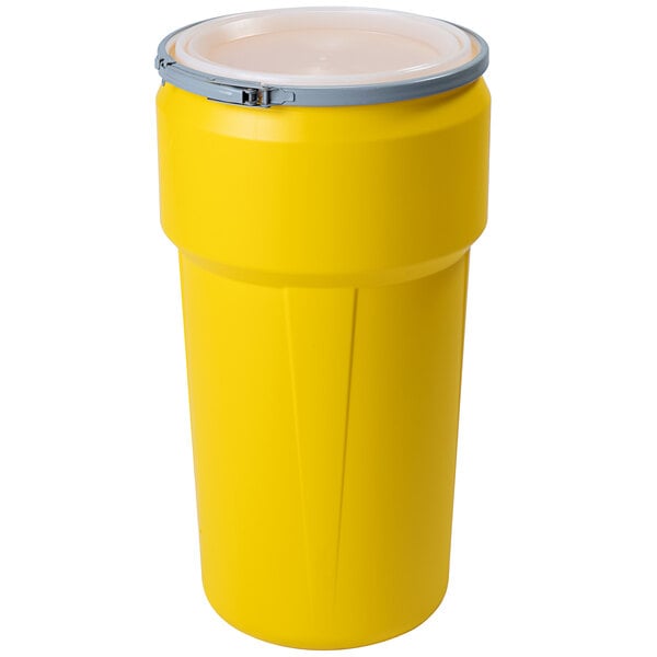 A yellow Eagle Manufacturing plastic drum with a metal lever-lock lid.