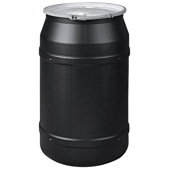 A black Eagle Manufacturing plastic barrel with metal lever-lock lids over 1/2" x 1 3/4" bung holes.