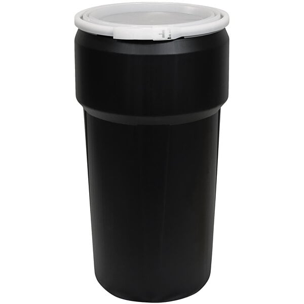 A black Eagle Manufacturing plastic drum with a plastic lever-lock lid.