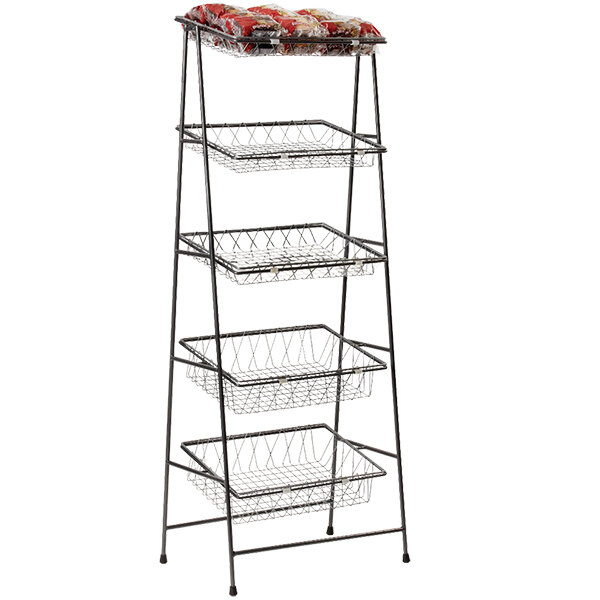 A black metal rectangular 5-tier tilted pane stand with wire baskets on it.