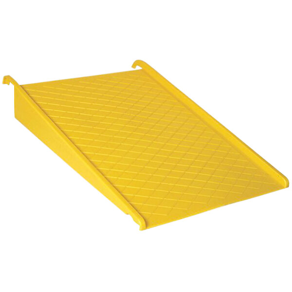 A yellow plastic ramp for an Eagle Manufacturing spill pallet.