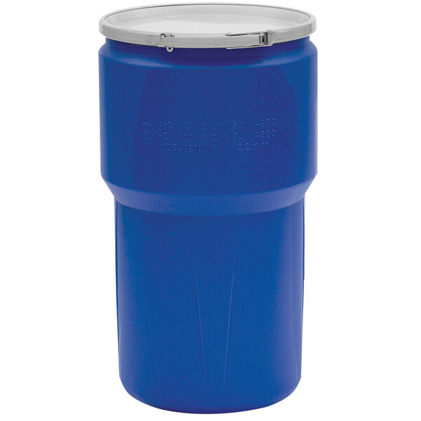 A blue plastic Eagle Manufacturing drum with metal bung holes and a metal lid.