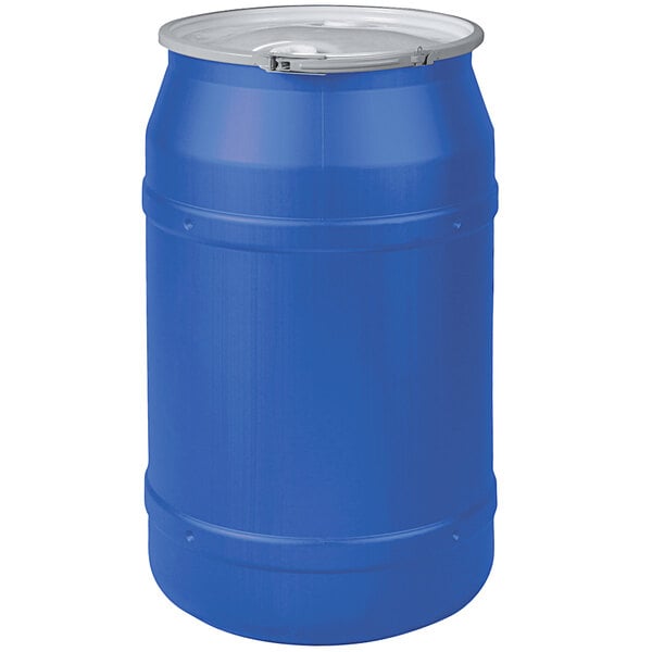 A blue Eagle Manufacturing plastic drum with a silver metal lid.