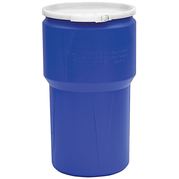 A blue plastic Eagle Manufacturing drum with a white plastic lid.