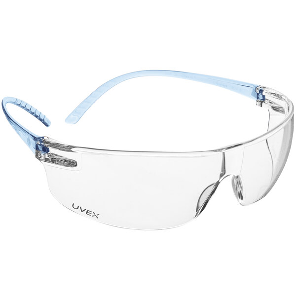 A pair of clear safety glasses with blue trim.