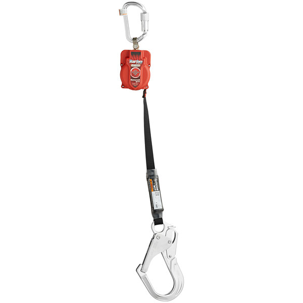 A Honeywell Miller TurboLite personal fall limiter with a locking rebar hook.