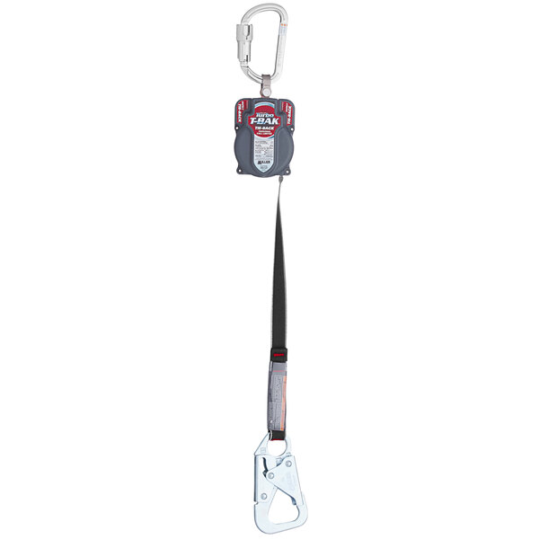 A Honeywell Miller Turbo T-BAK self-retracting lifeline with an aluminum twist-lock carabiner attached to a lanyard.
