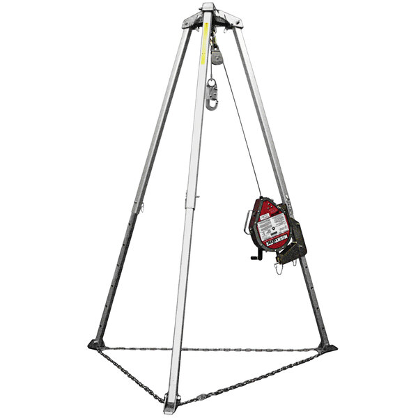 A Honeywell Miller self-retracting lifeline attached to a metal tripod.