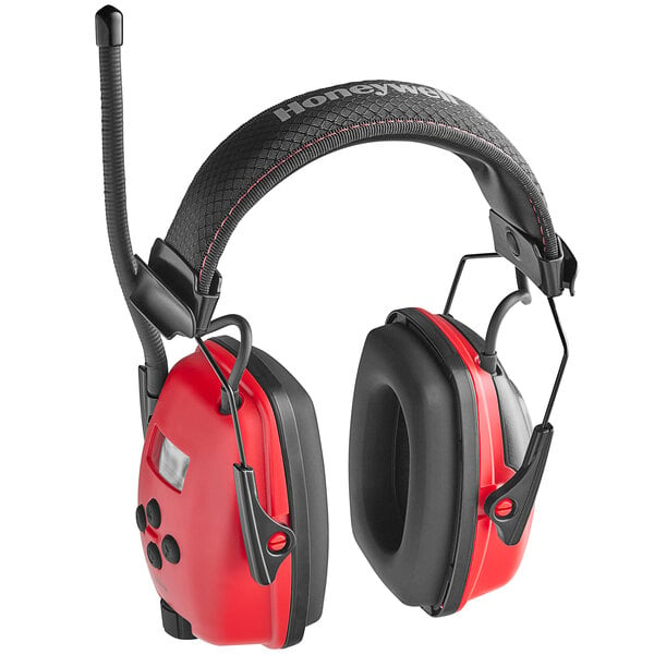 Howard Leight by Honeywell Sync Radio Red Over-the-Head Digital AM / FM Earmuffs with black ear cushions and knobs.