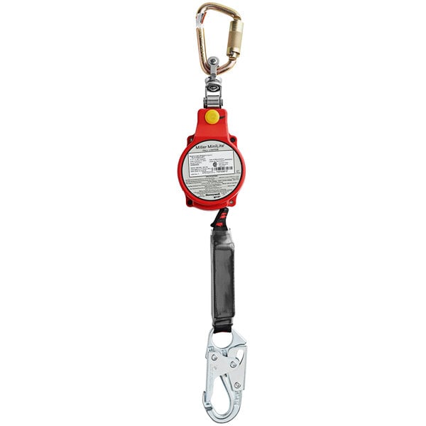 A red and black Honeywell Miller MiniLite personal fall limiter with a steel carabiner and swivel shackle.
