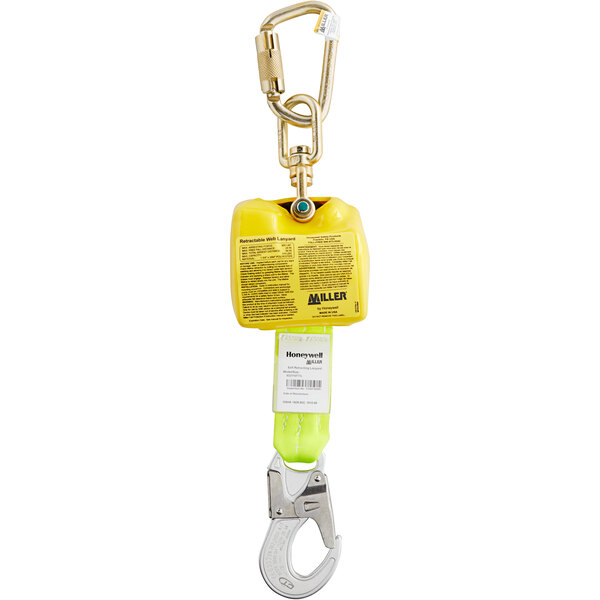 A yellow Honeywell Miller retractable web lanyard with a steel twist-lock carabiner and yellow tag.