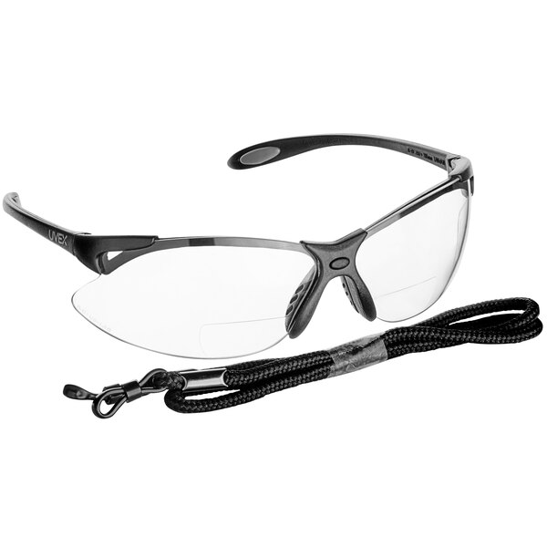A pair of Honeywell Uvex safety reader glasses with a black frame and clear lens.