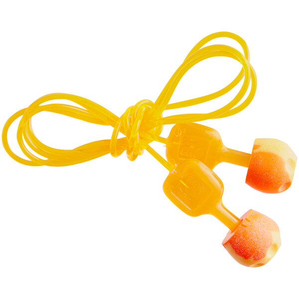 A pair of orange Howard Leight TrustFit earplugs with a cord.