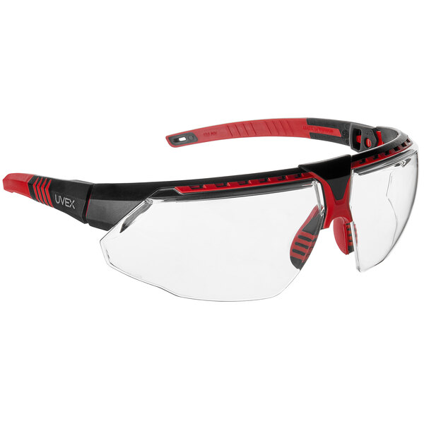 Honeywell Uvex Avatar Hydroshield Safety Glasses with red and black frames.