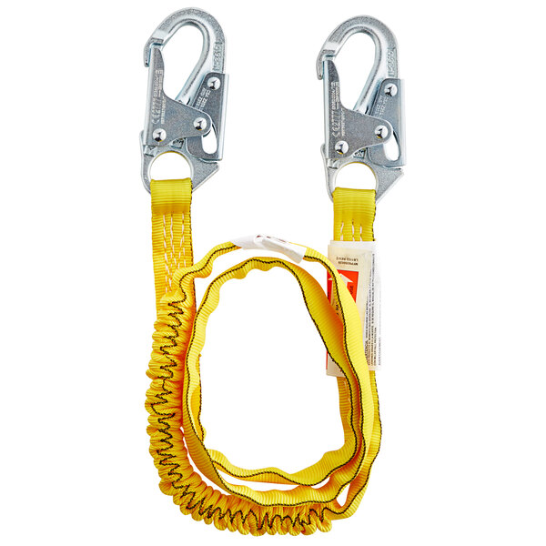 A yellow Honeywell shock-absorbing lanyard with snap hooks on each end.