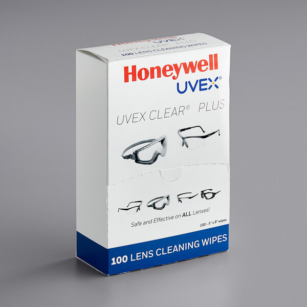 A box of Honeywell Uvex Clear Plus Lens Towelettes.