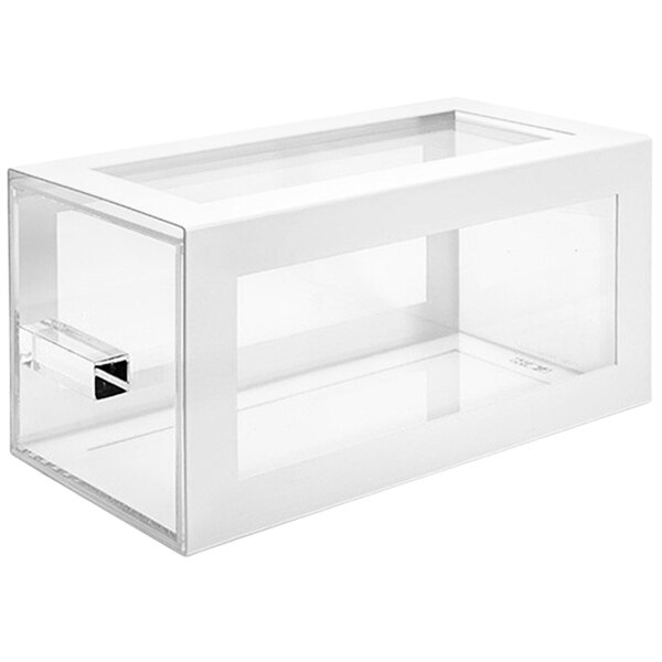 A white rectangular metal display drawer with clear plastic.