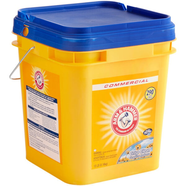 A yellow bucket with a blue lid.