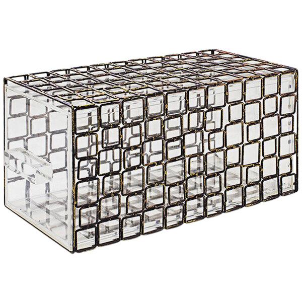 A copper metal display drawer with a link pattern.