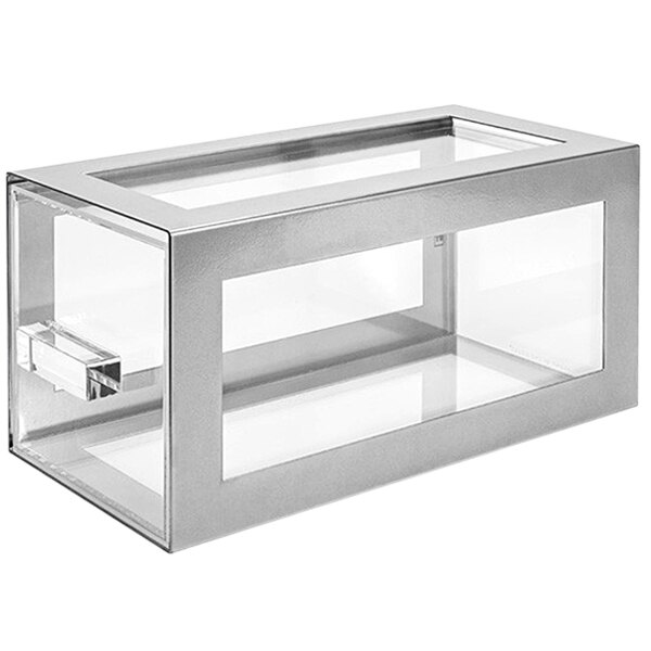 A silver metal display drawer with a glass lid.