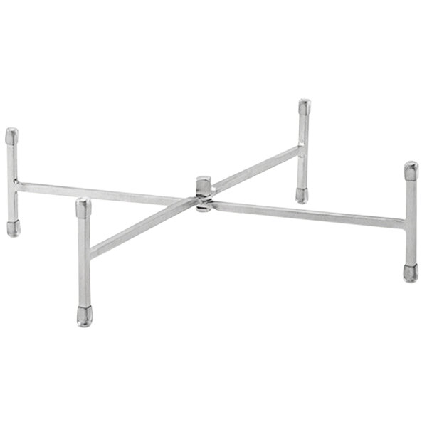 A stainless steel display riser with four legs.