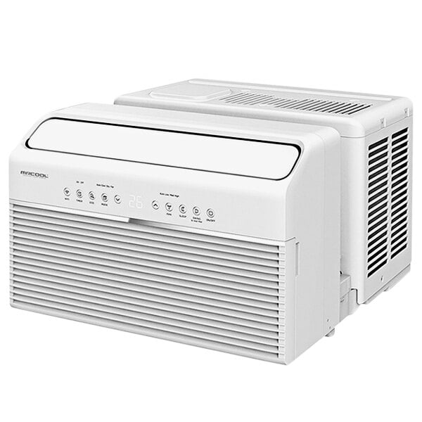 A white MRCOOL U-shaped window air conditioner with buttons and a white cover.