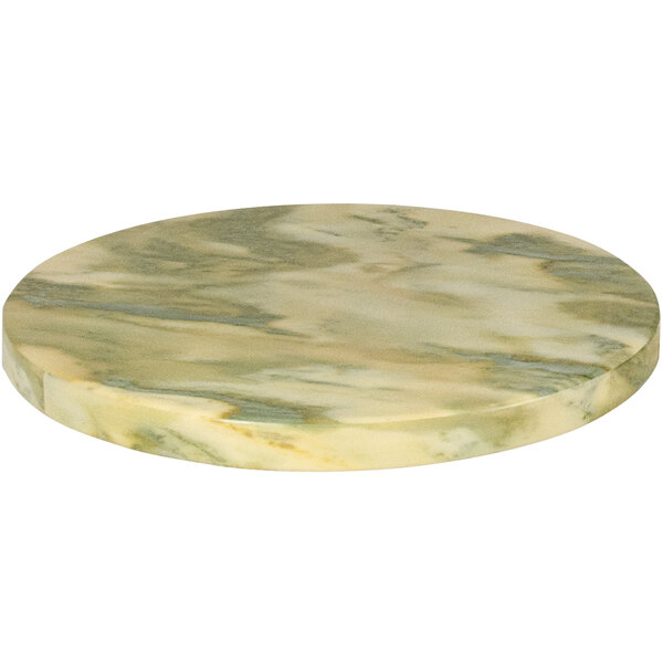 An American Tables & Seating round yellow and green faux marble table top.