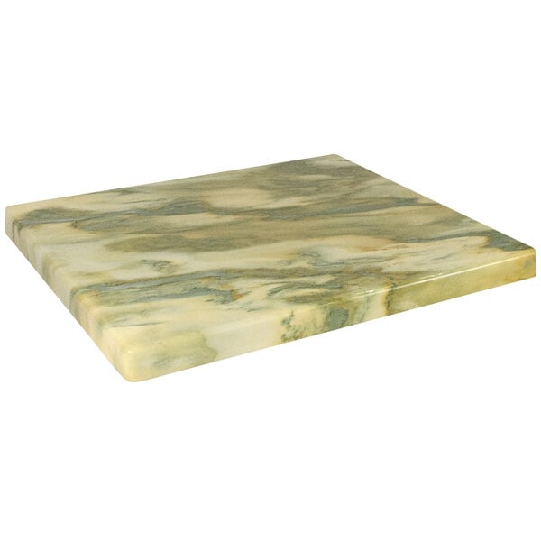 An American Tables & Seating yellow and green faux marble table top with a marbled surface.