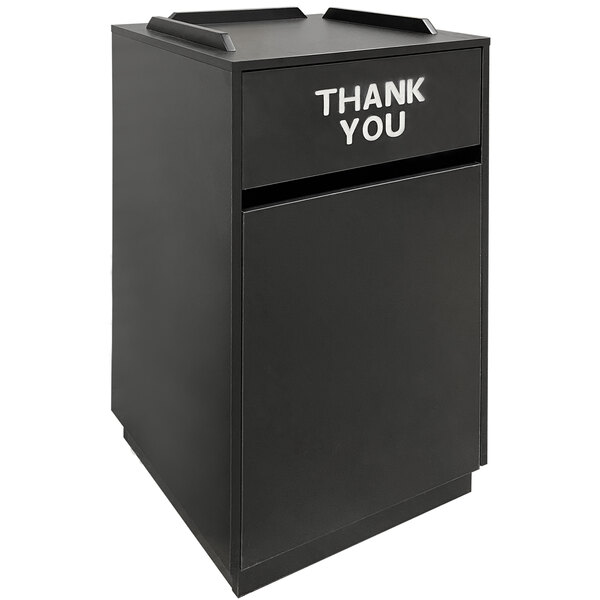 A black rectangular American Tables & Seating melamine trash can enclosure with white "THANK YOU" text on the swing door.