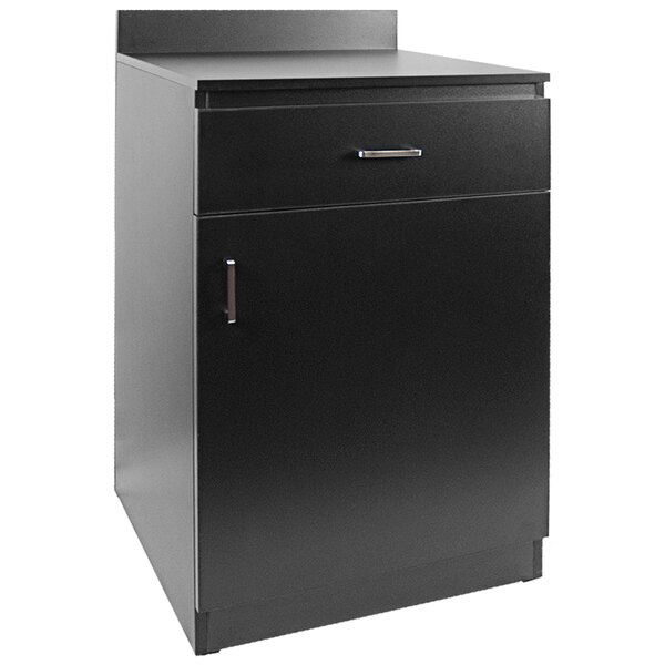 A black American Tables & Seating host station cabinet with a drawer.