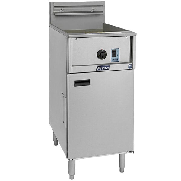 A stainless steel Pitco electric floor fryer with a door on top.