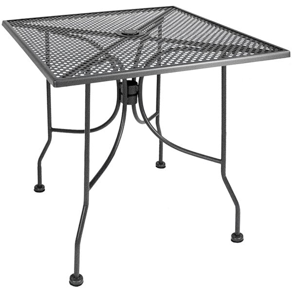 An American Tables & Seating dark grey metal mesh square outdoor table.