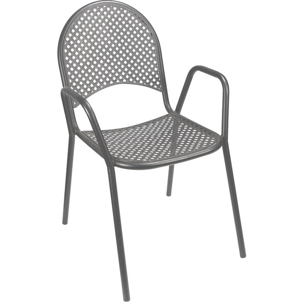 An American Tables & Seating dark grey powder-coated metal mesh outdoor chair.