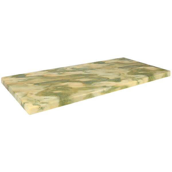 A rectangular American Tables & Seating faux marble table top with a green and yellow marbled surface.