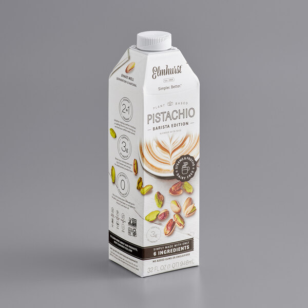 A carton of Elmhurst Barista Pistachio Milk with a cap.