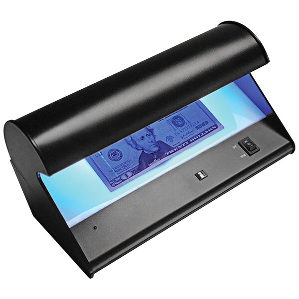 A black Controltek USA UVerifEYE counterfeit money detector with a dollar bill inside.